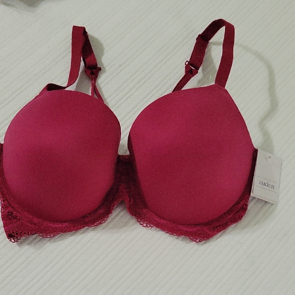 Auden Red Padded Bra with Lace Trim